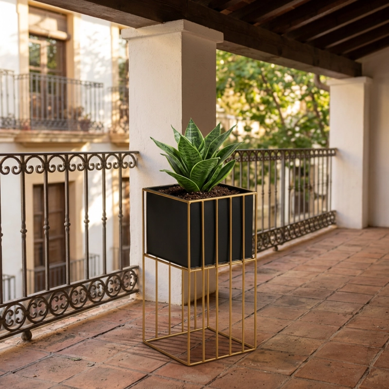 PORTA MACETERO PEDESTAL MACETA PLANTAS NEGRO DORADO MEDIANO - 3