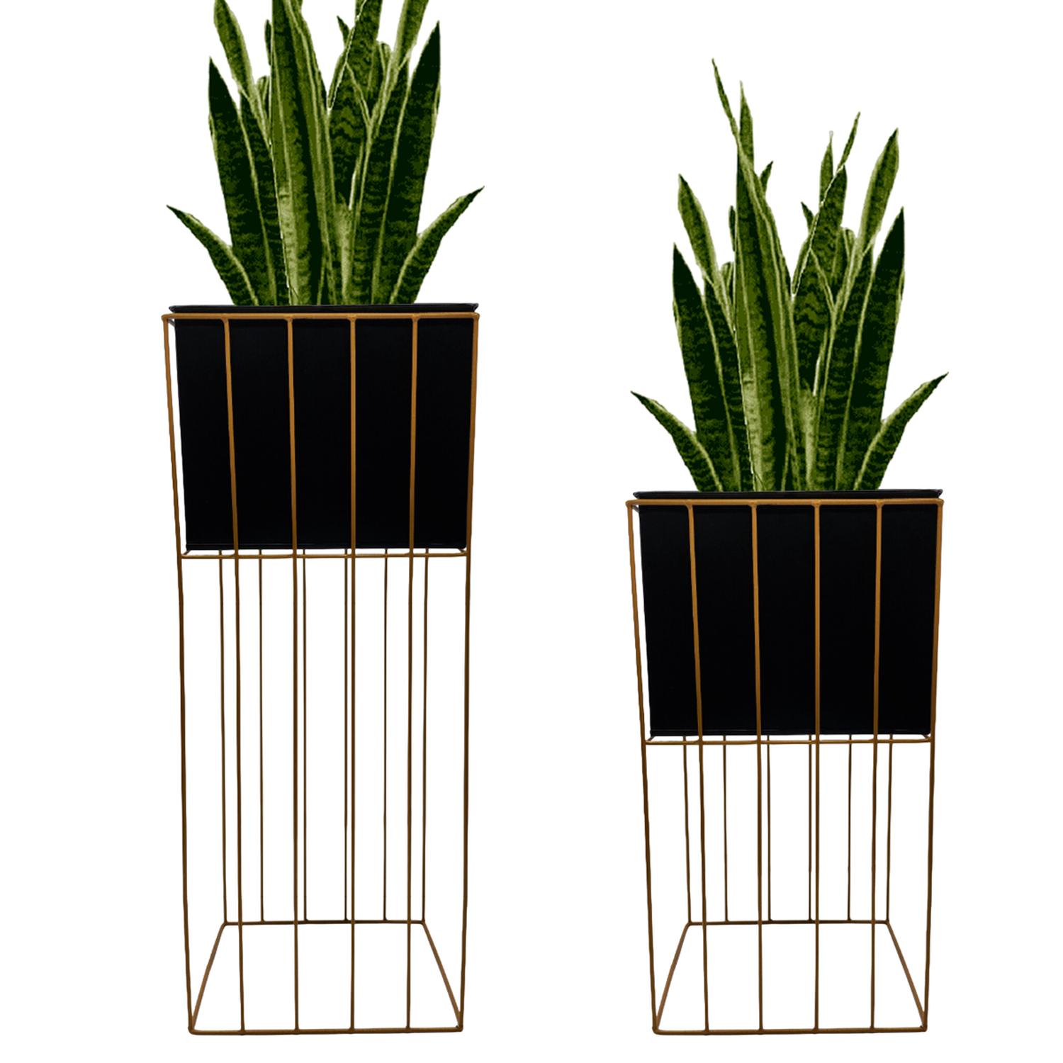 SET 2 PORTA MACETERO PEDESTAL MACETA PLANTAS NEGRO DORADO - 1