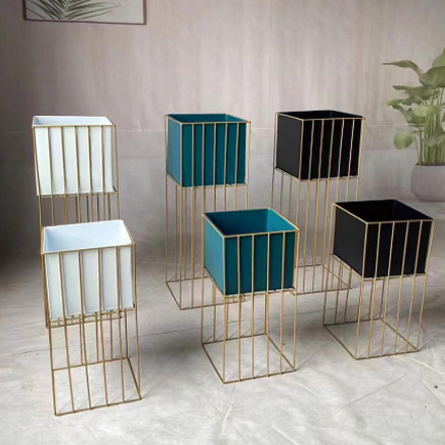 SET 2 PORTA MACETERO PEDESTAL MACETA PLANTAS NEGRO DORADO - 8