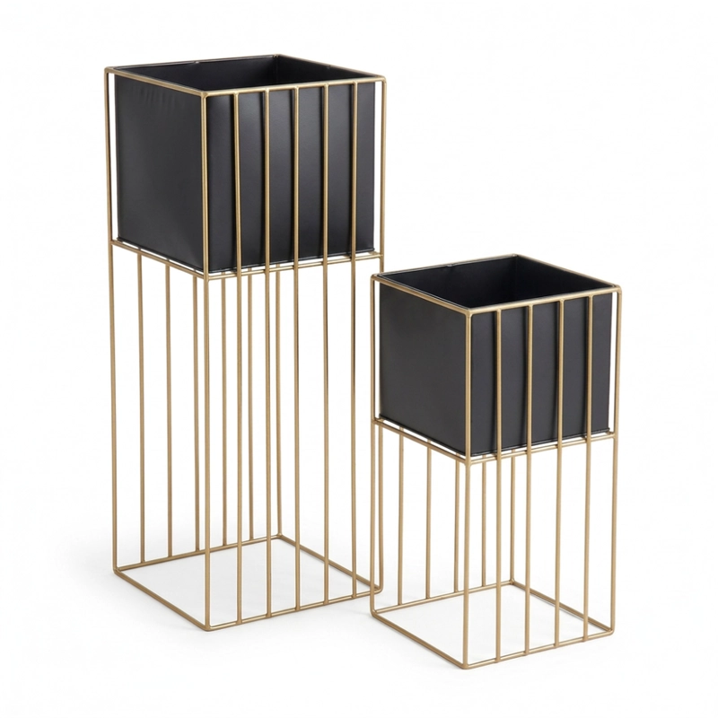 SET 2 PORTA MACETERO PEDESTAL MACETA PLANTAS NEGRO DORADO - 9