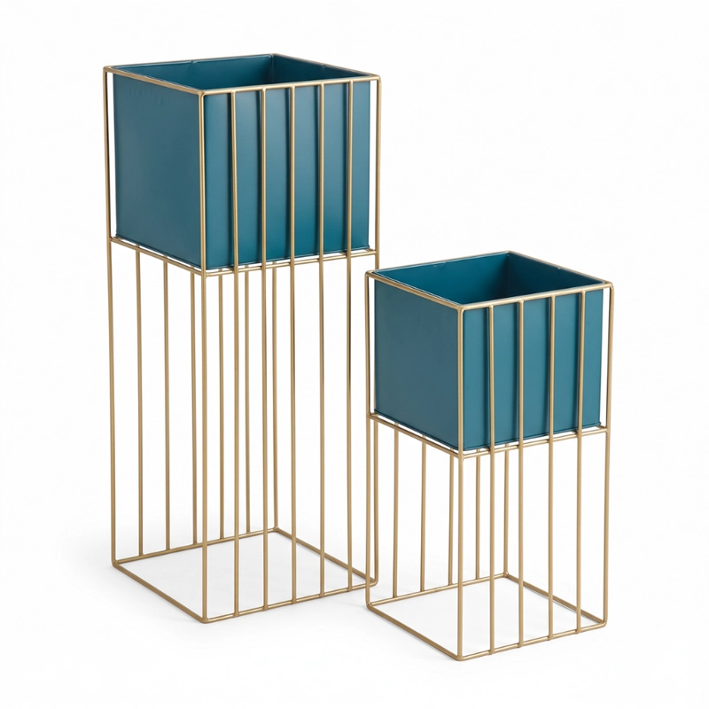 SET 2 PORTA MACETERO PEDESTAL MACETA PLANTAS VERDE DORADO - 1