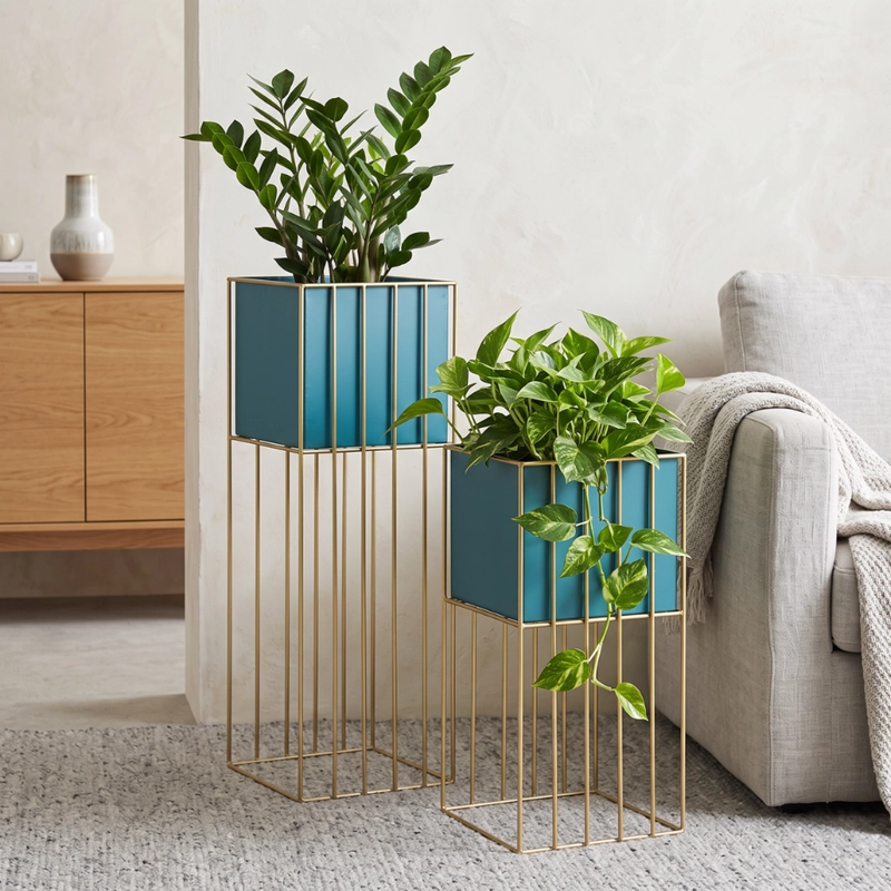 SET 2 PORTA MACETERO PEDESTAL MACETA PLANTAS VERDE DORADO - 2