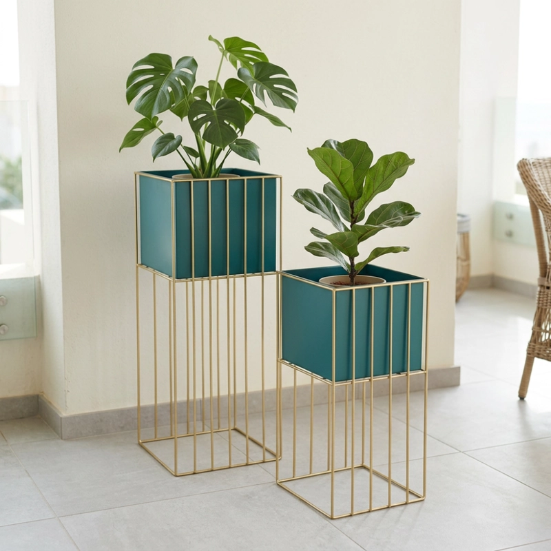 SET 2 PORTA MACETERO PEDESTAL MACETA PLANTAS VERDE DORADO - 3