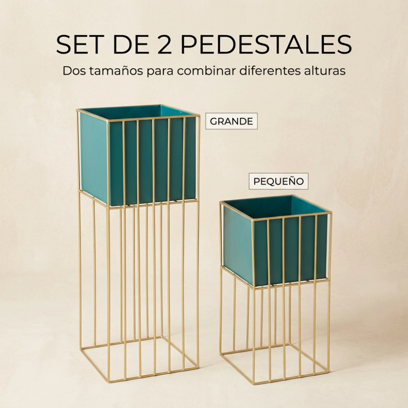 SET 2 PORTA MACETERO PEDESTAL MACETA PLANTAS VERDE DORADO - 4