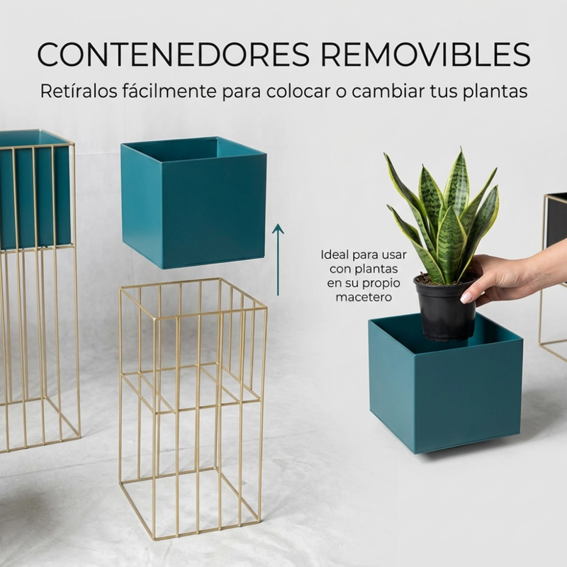 SET 2 PORTA MACETERO PEDESTAL MACETA PLANTAS VERDE DORADO - 5