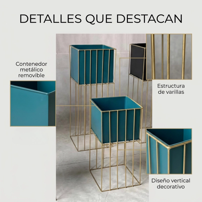 SET 2 PORTA MACETERO PEDESTAL MACETA PLANTAS VERDE DORADO - 6