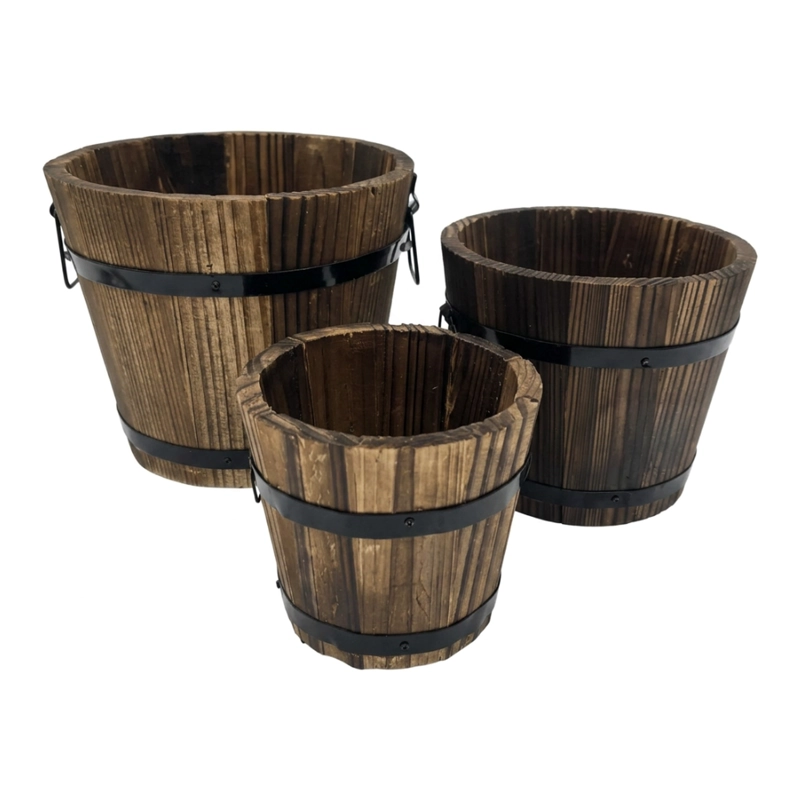 SET 3 MACETEROS DE MADERA TIPO BARRIL PARA JARDIN TERRAZAS - 1