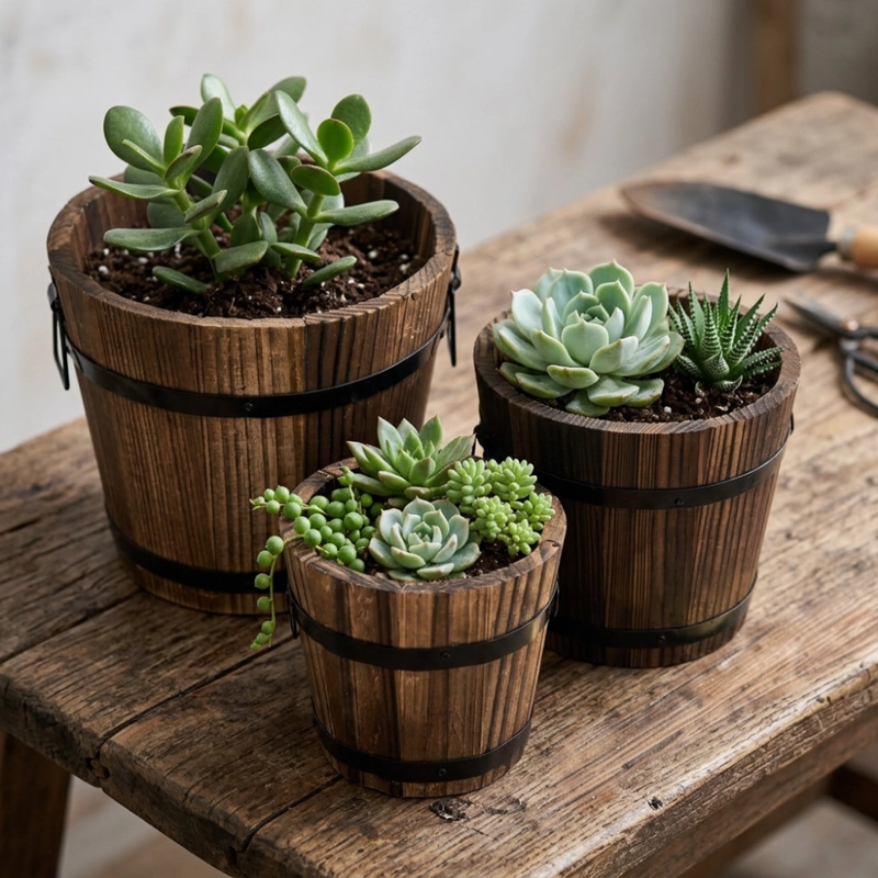 SET 3 MACETEROS DE MADERA TIPO BARRIL PARA JARDIN TERRAZAS - 2