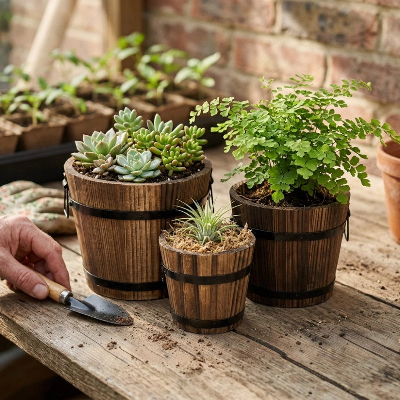 SET 3 MACETEROS DE MADERA TIPO BARRIL PARA JARDIN TERRAZAS - 3