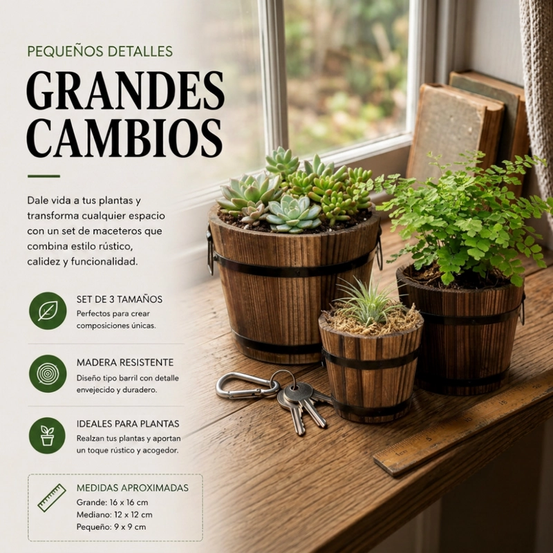 SET 3 MACETEROS DE MADERA TIPO BARRIL PARA JARDIN TERRAZAS - 4
