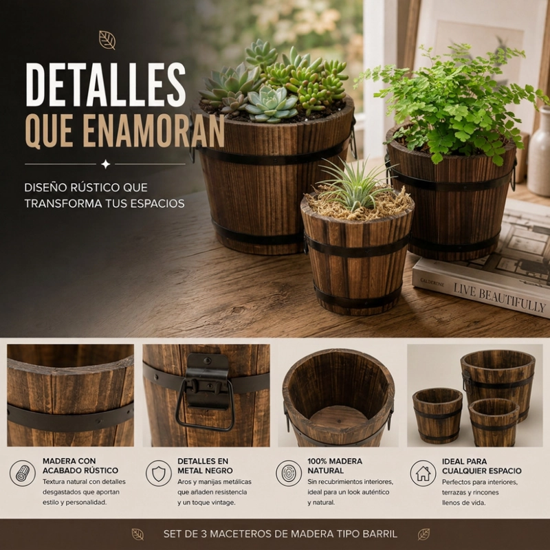 SET 3 MACETEROS DE MADERA TIPO BARRIL PARA JARDIN TERRAZAS - 5