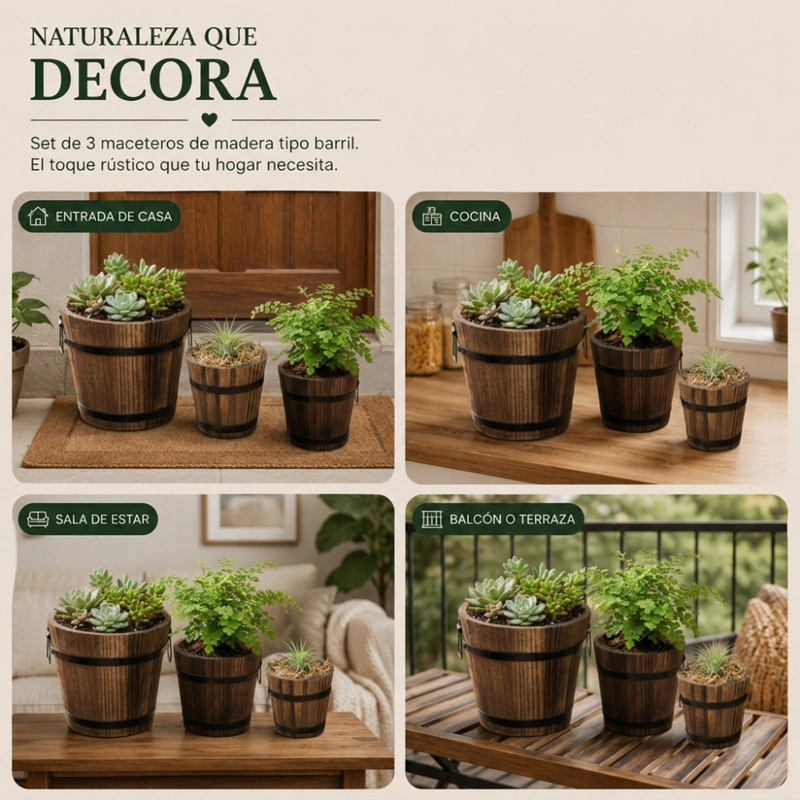 SET 3 MACETEROS DE MADERA TIPO BARRIL PARA JARDIN TERRAZAS - 6