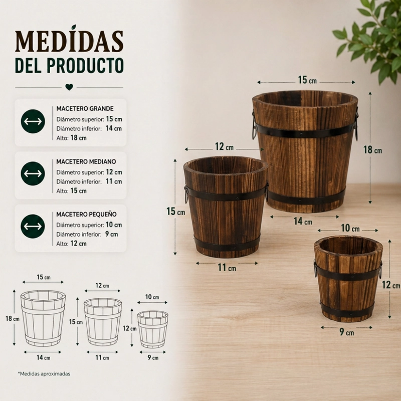 SET 3 MACETEROS DE MADERA TIPO BARRIL PARA JARDIN TERRAZAS - 7