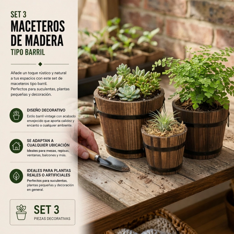 SET 3 MACETEROS DE MADERA TIPO BARRIL PARA JARDIN TERRAZAS - 8
