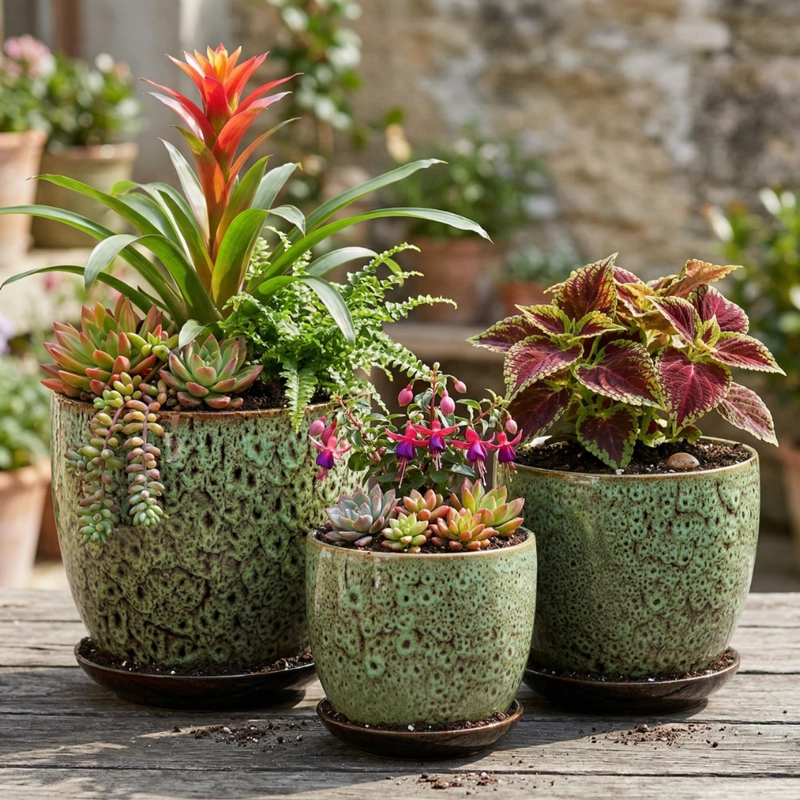 SET 3 MACETERO CERAMICA VERDE DECORATIVO TEXTURIZADO HOGAR - 2
