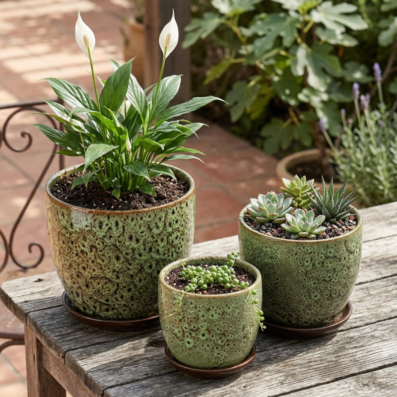 SET 3 MACETERO CERAMICA VERDE DECORATIVO TEXTURIZADO HOGAR - 3