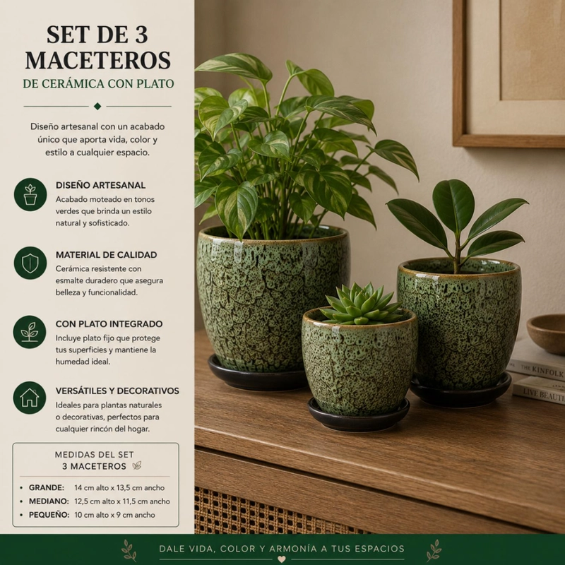 SET 3 MACETERO CERAMICA VERDE DECORATIVO TEXTURIZADO HOGAR - 4
