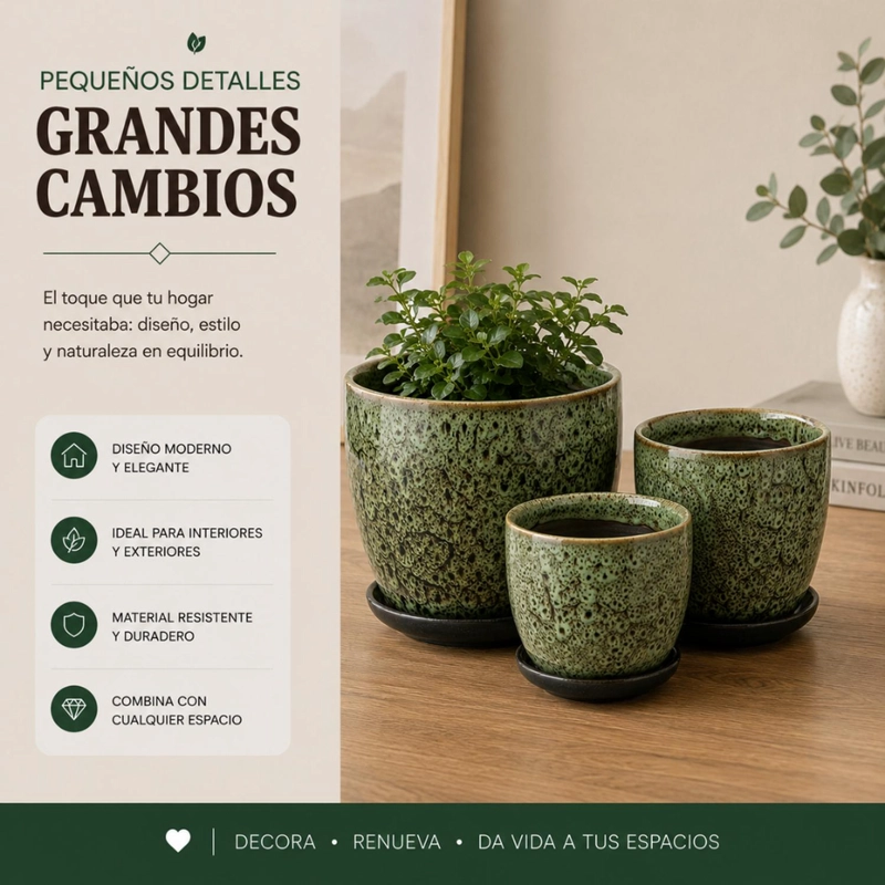 SET 3 MACETERO CERAMICA VERDE DECORATIVO TEXTURIZADO HOGAR - 5