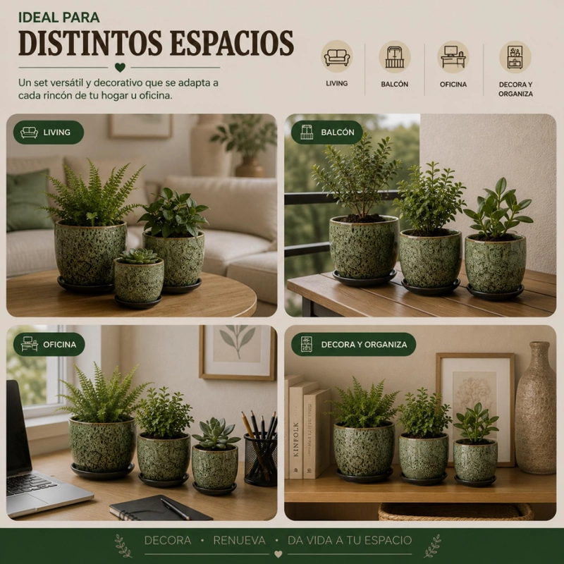 SET 3 MACETERO CERAMICA VERDE DECORATIVO TEXTURIZADO HOGAR - 6