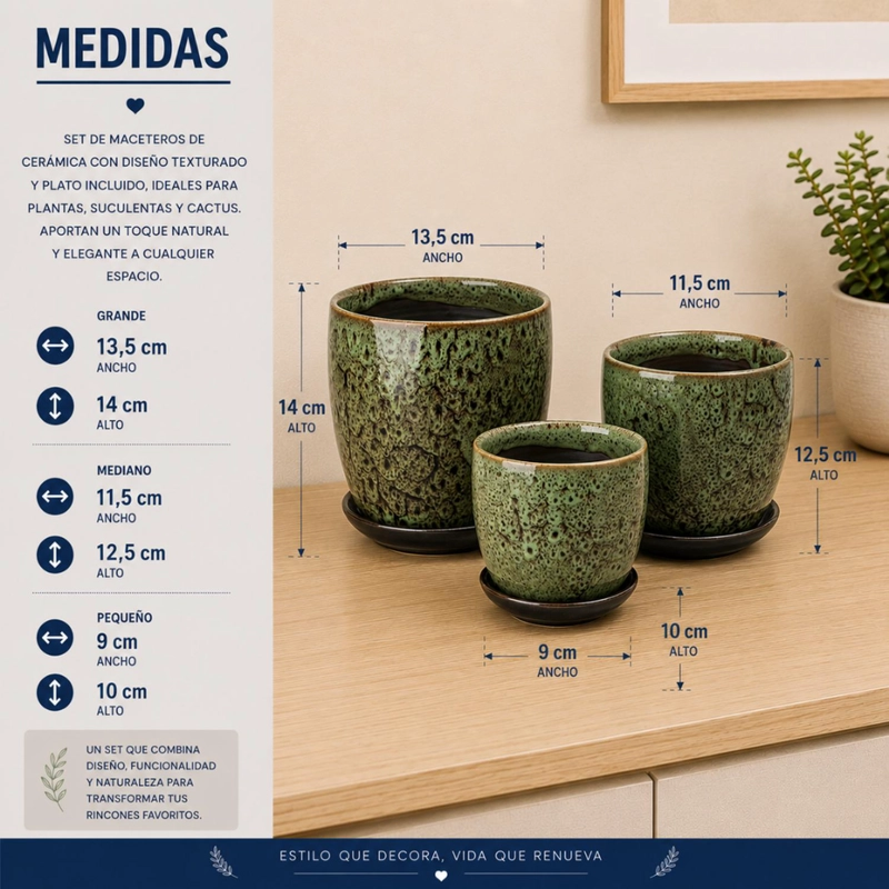 SET 3 MACETERO CERAMICA VERDE DECORATIVO TEXTURIZADO HOGAR - 7