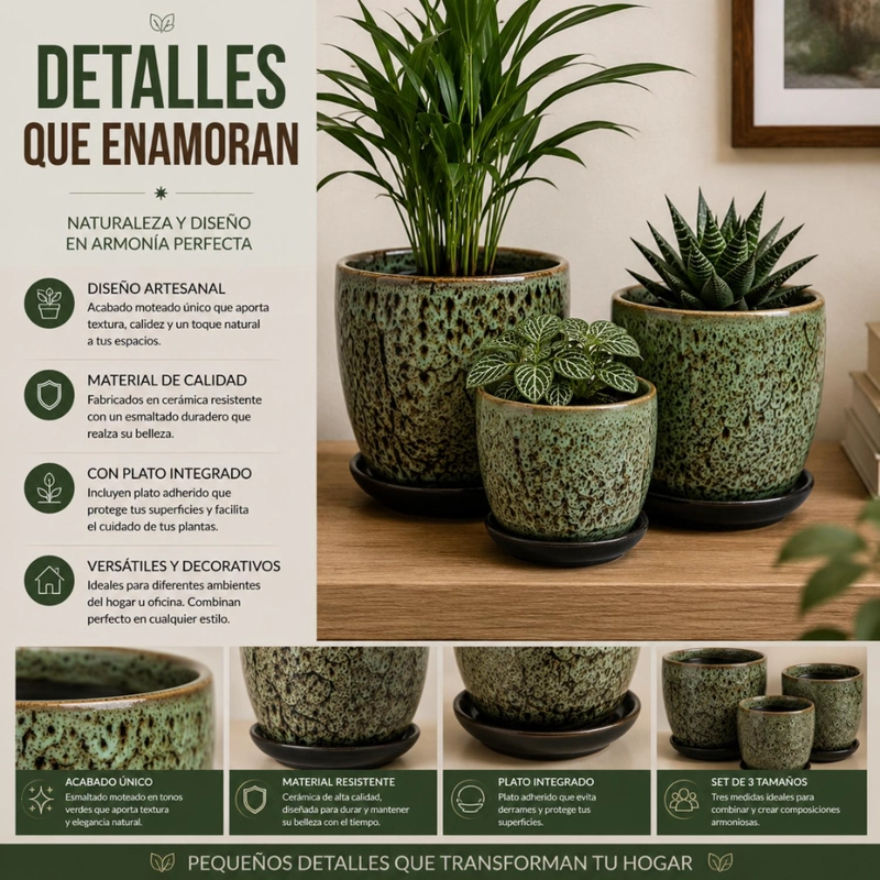 SET 3 MACETERO CERAMICA VERDE DECORATIVO TEXTURIZADO HOGAR - 8