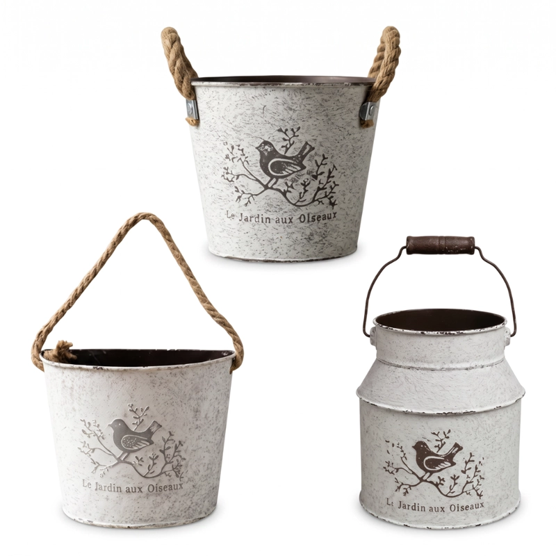SET 3 MACETEROS METALICOS BLANCOS DECORATIVO CON ASAS JARDIN - 1