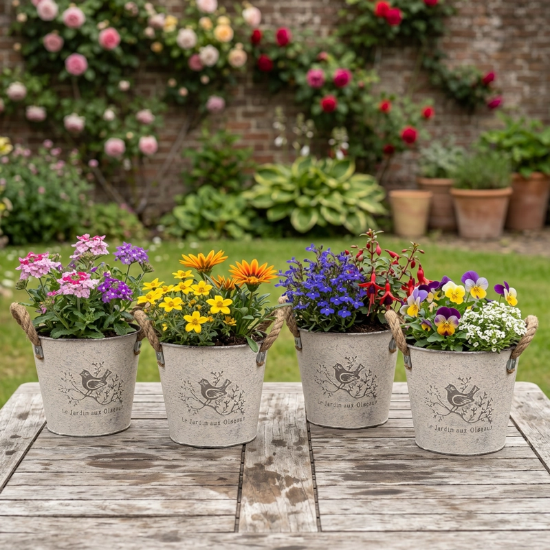 SET 3 MACETEROS METALICOS BLANCOS DECORATIVO CON ASAS JARDIN - 7