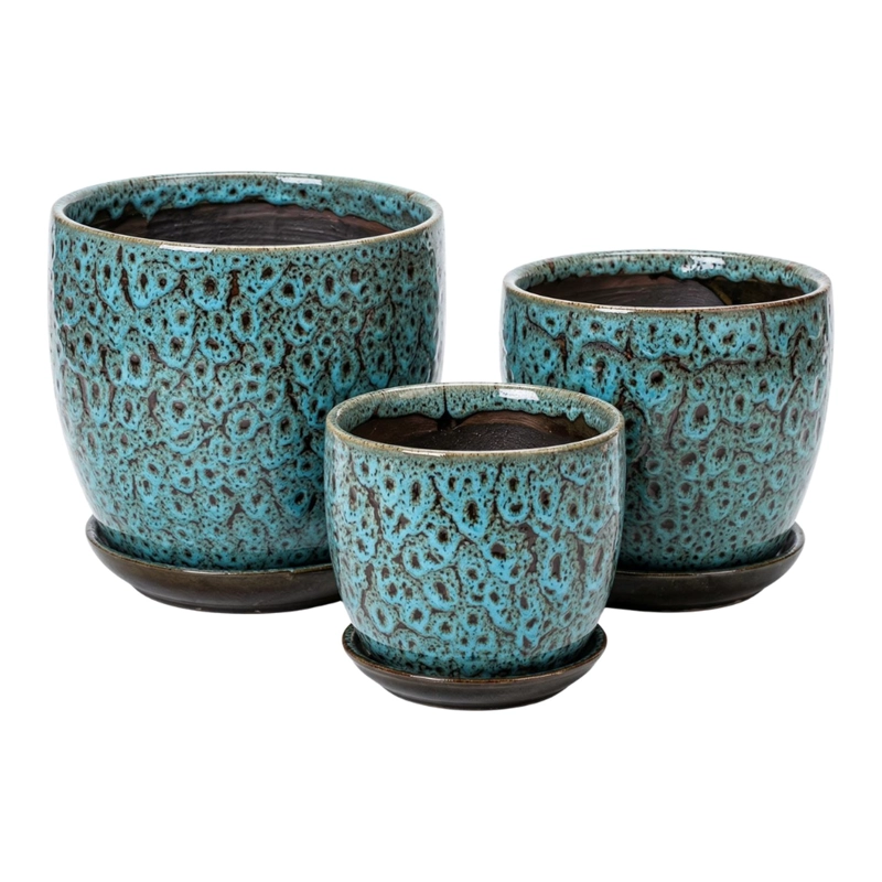 SET 3 MACETERO CERAMICA AZUL DECORATIVO TEXTURIZADO HOGAR - 1