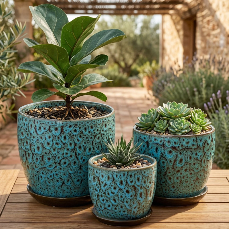 SET 3 MACETERO CERAMICA AZUL DECORATIVO TEXTURIZADO HOGAR - 2