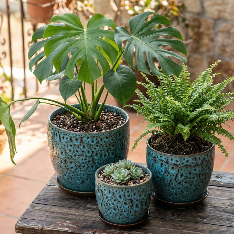 SET 3 MACETERO CERAMICA AZUL DECORATIVO TEXTURIZADO HOGAR - 3