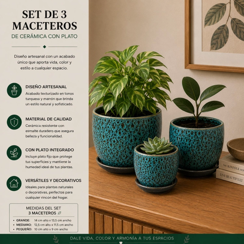 SET 3 MACETERO CERAMICA AZUL DECORATIVO TEXTURIZADO HOGAR - 4