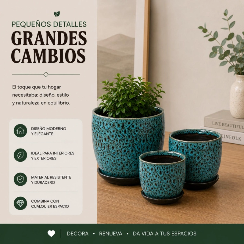 SET 3 MACETERO CERAMICA AZUL DECORATIVO TEXTURIZADO HOGAR - 5