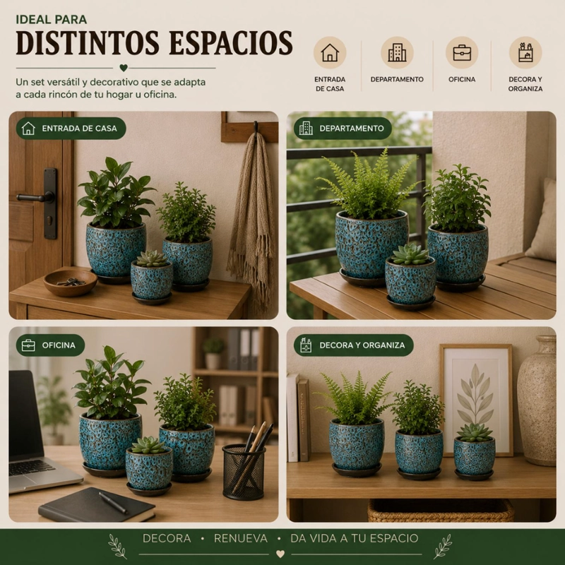 SET 3 MACETERO CERAMICA AZUL DECORATIVO TEXTURIZADO HOGAR - 6