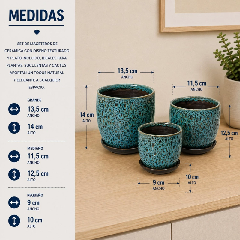 SET 3 MACETERO CERAMICA AZUL DECORATIVO TEXTURIZADO HOGAR - 7