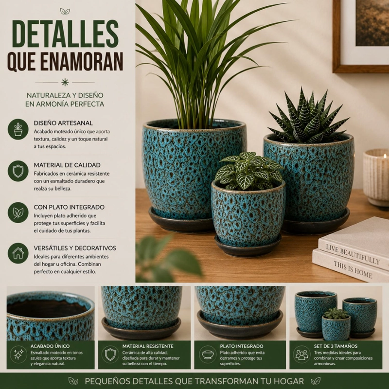 SET 3 MACETERO CERAMICA AZUL DECORATIVO TEXTURIZADO HOGAR - 8