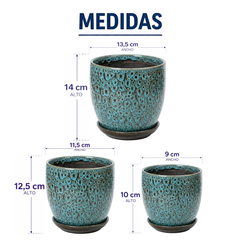 SET 3 MACETERO CERAMICA AZUL DECORATIVO TEXTURIZADO HOGAR - 9