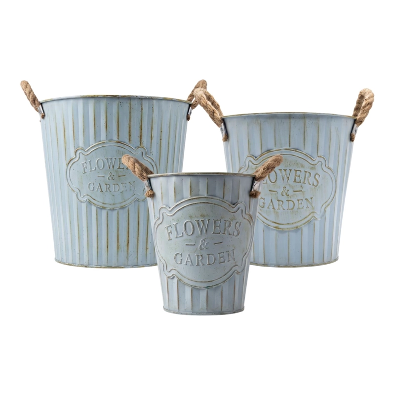 SET 3 MACETERO METALICO CELESTE DECORATIVO CON ASAS JARDIN - 1