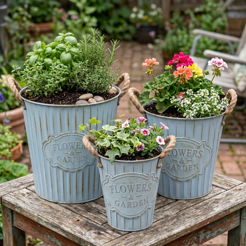 SET 3 MACETERO METALICO CELESTE DECORATIVO CON ASAS JARDIN - 2