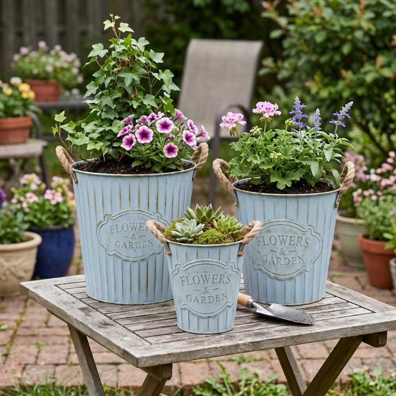 SET 3 MACETERO METALICO CELESTE DECORATIVO CON ASAS JARDIN - 4