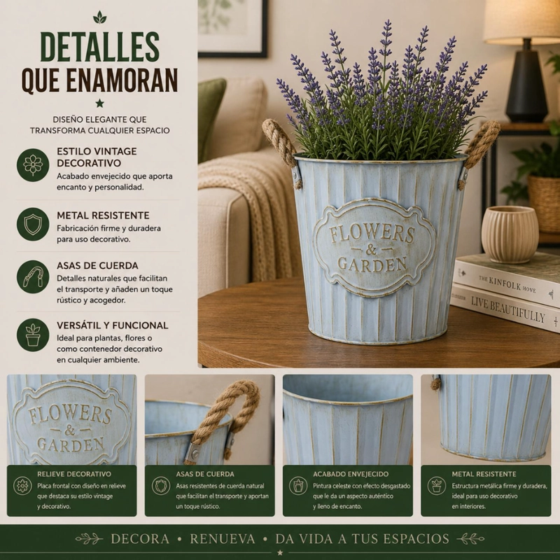 SET 3 MACETERO METALICO CELESTE DECORATIVO CON ASAS JARDIN - 6