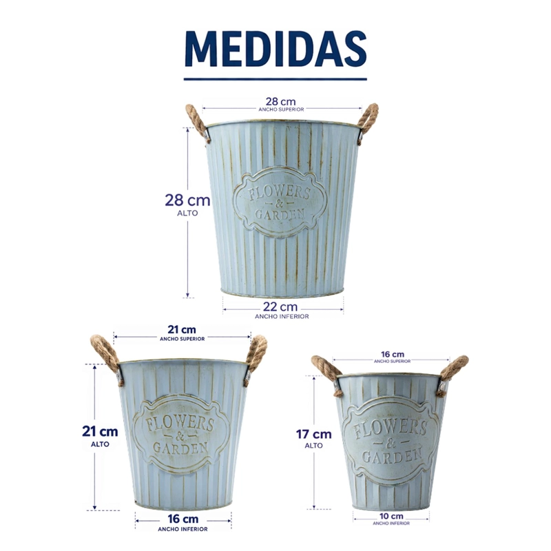 SET 3 MACETERO METALICO CELESTE DECORATIVO CON ASAS JARDIN - 7