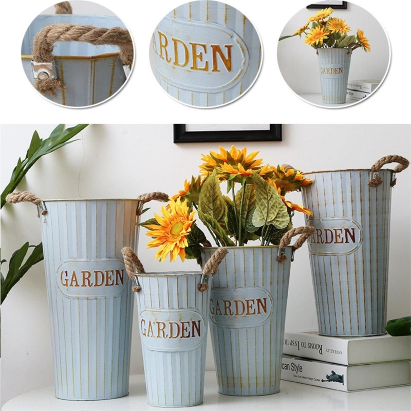 SET 3 MACETERO METALICO CELESTE DECORATIVO CON ASAS JARDIN - 9