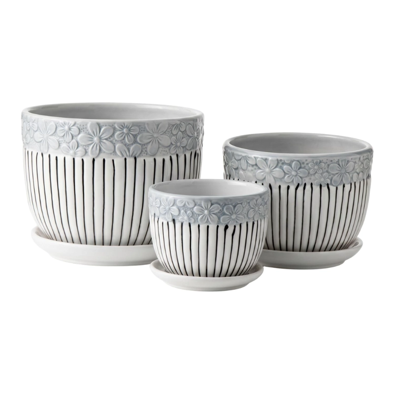 SET 3 MACETEROS MACETA DE CERAMICA BLANCOS FLORES Y LINEAS - 1