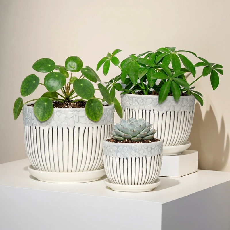 SET 3 MACETEROS MACETA DE CERAMICA BLANCOS FLORES Y LINEAS - 3