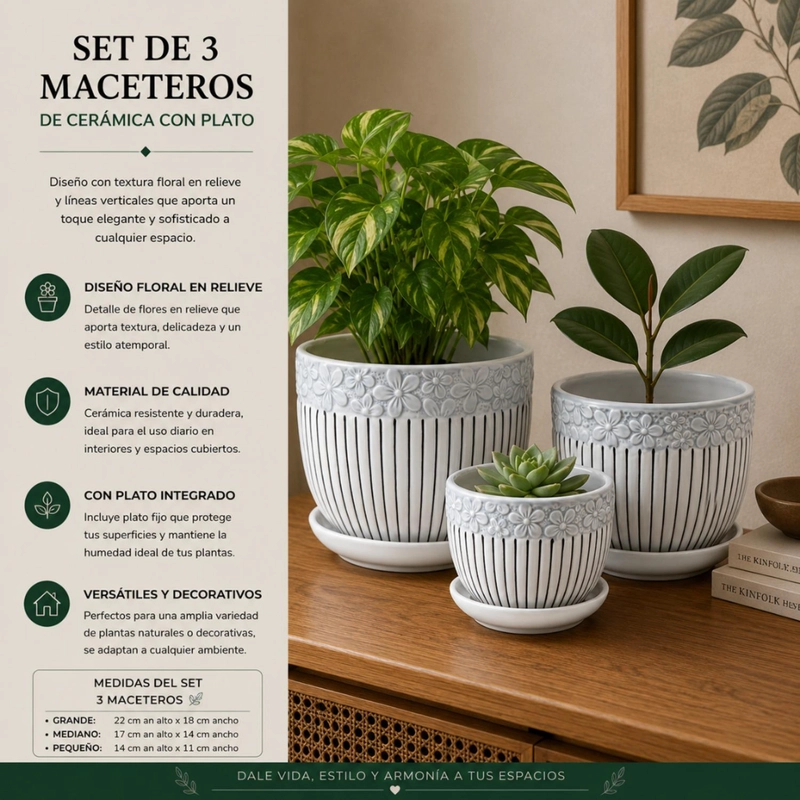 SET 3 MACETEROS MACETA DE CERAMICA BLANCOS FLORES Y LINEAS - 4
