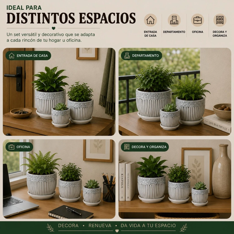 SET 3 MACETEROS MACETA DE CERAMICA BLANCOS FLORES Y LINEAS - 6