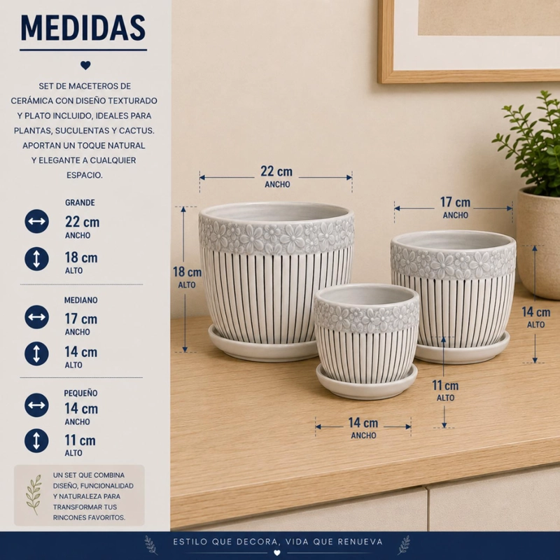 SET 3 MACETEROS MACETA DE CERAMICA BLANCOS FLORES Y LINEAS - 7