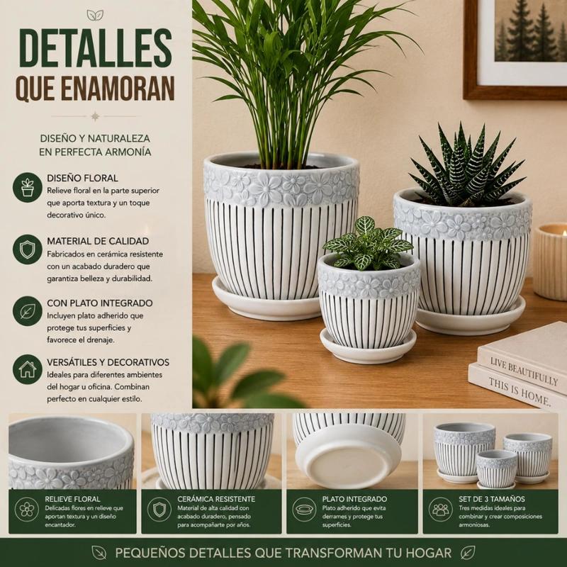 SET 3 MACETEROS MACETA DE CERAMICA BLANCOS FLORES Y LINEAS - 8