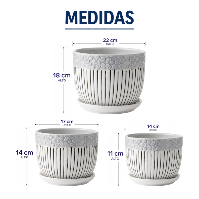 SET 3 MACETEROS MACETA DE CERAMICA BLANCOS FLORES Y LINEAS - 9