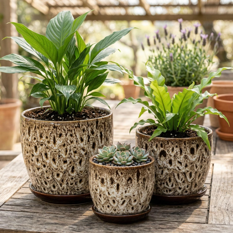 SET 3 MACETERO CERAMICA DECORATIVO TEXTURIZADO HOGAR - 2
